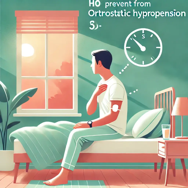 기립성 저혈압을 설명하는 인포그래픽 – 서 있는 사람, 화살표, 심장, 혈압계, 뇌혈류 감소 아이콘 등 구성