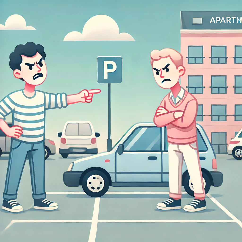 주차장에서 자리때문에 싸우고 있는 사람들