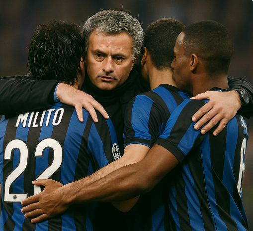 선수들과 기쁨을 함께하는 모습의 무리뉴