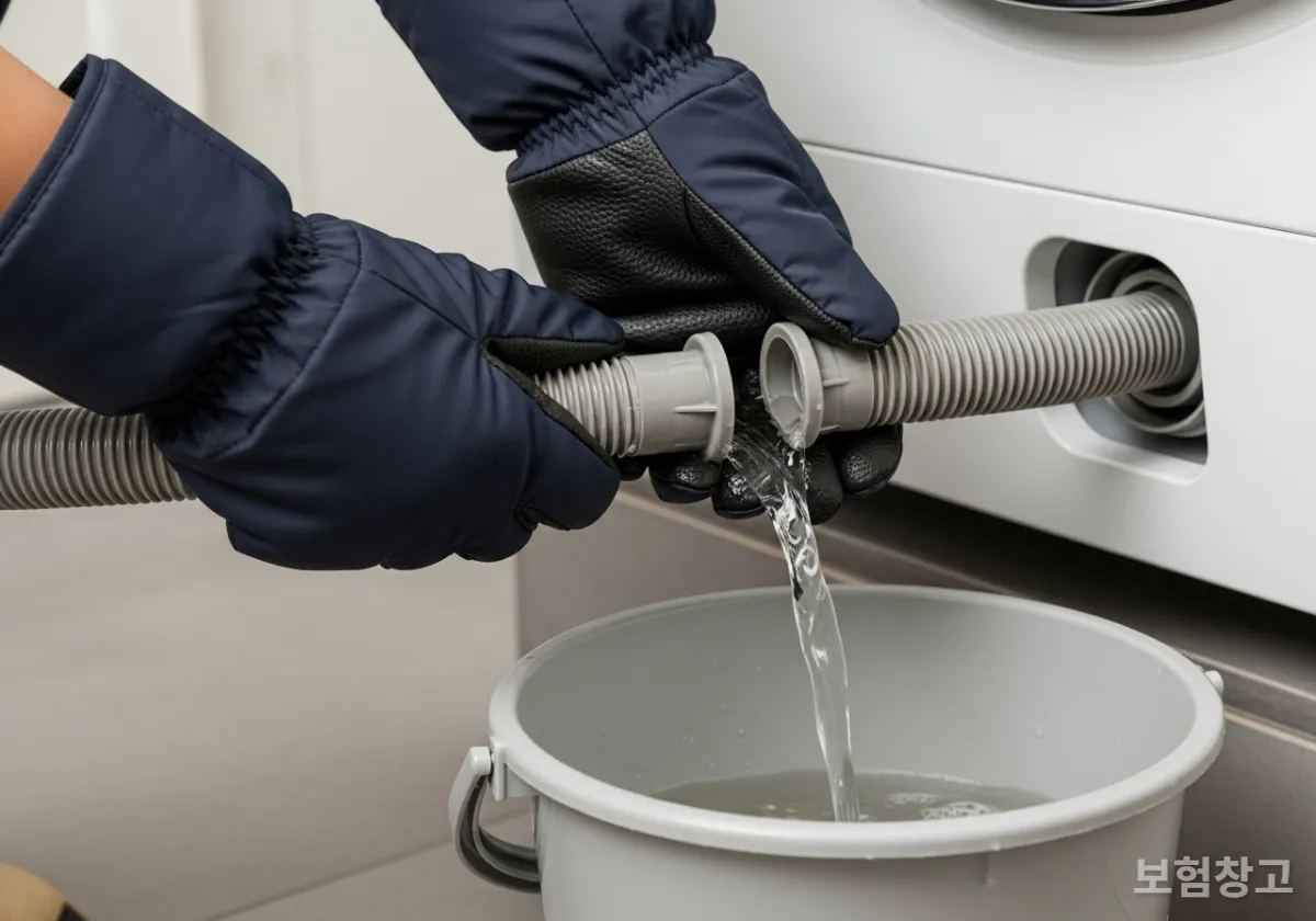 세탁기 배수 호스를 분리하여 잔수를 제거하는 손길