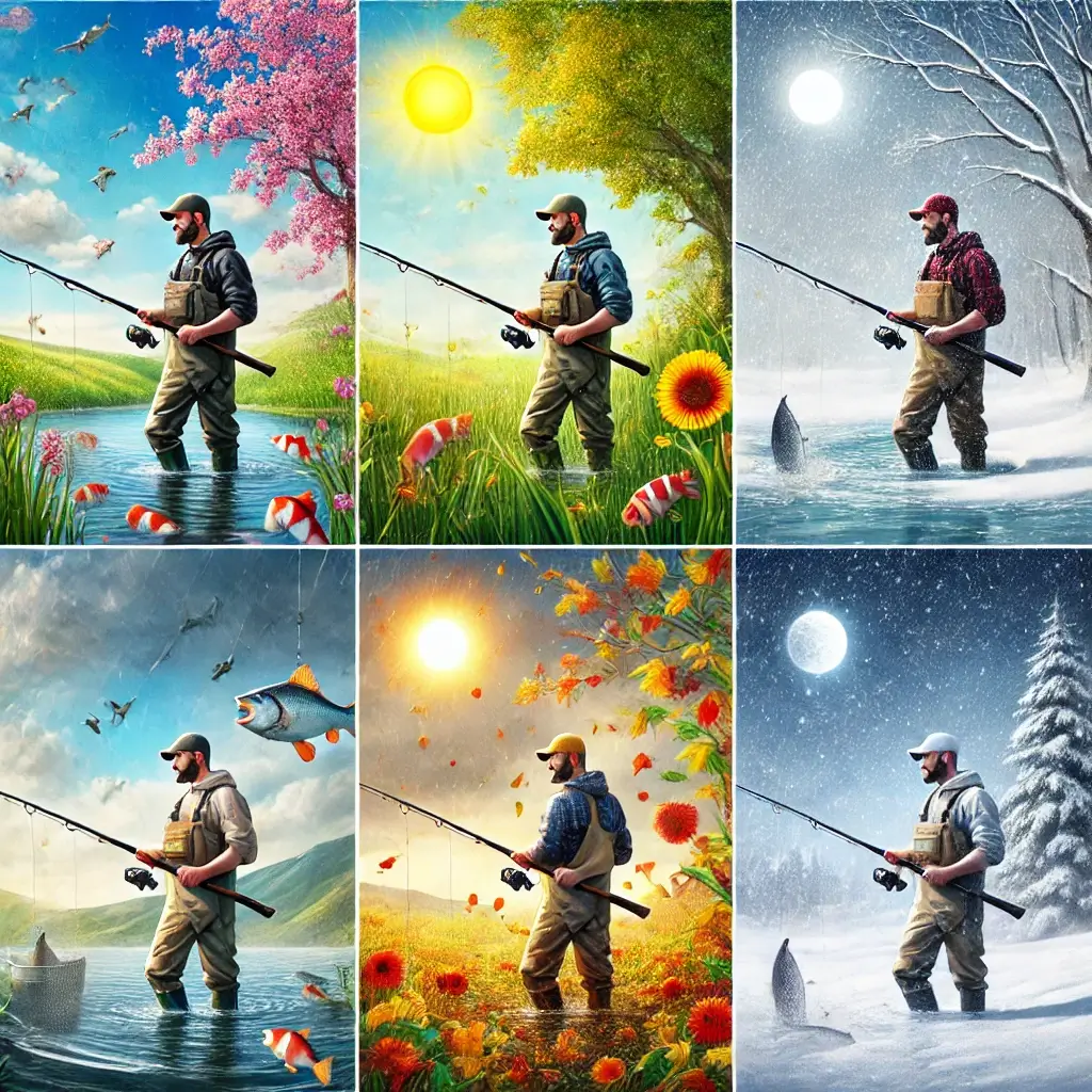 봄, 여름, 가을, 겨울 동안 낚시하는 남자의 콜라주 이미지.