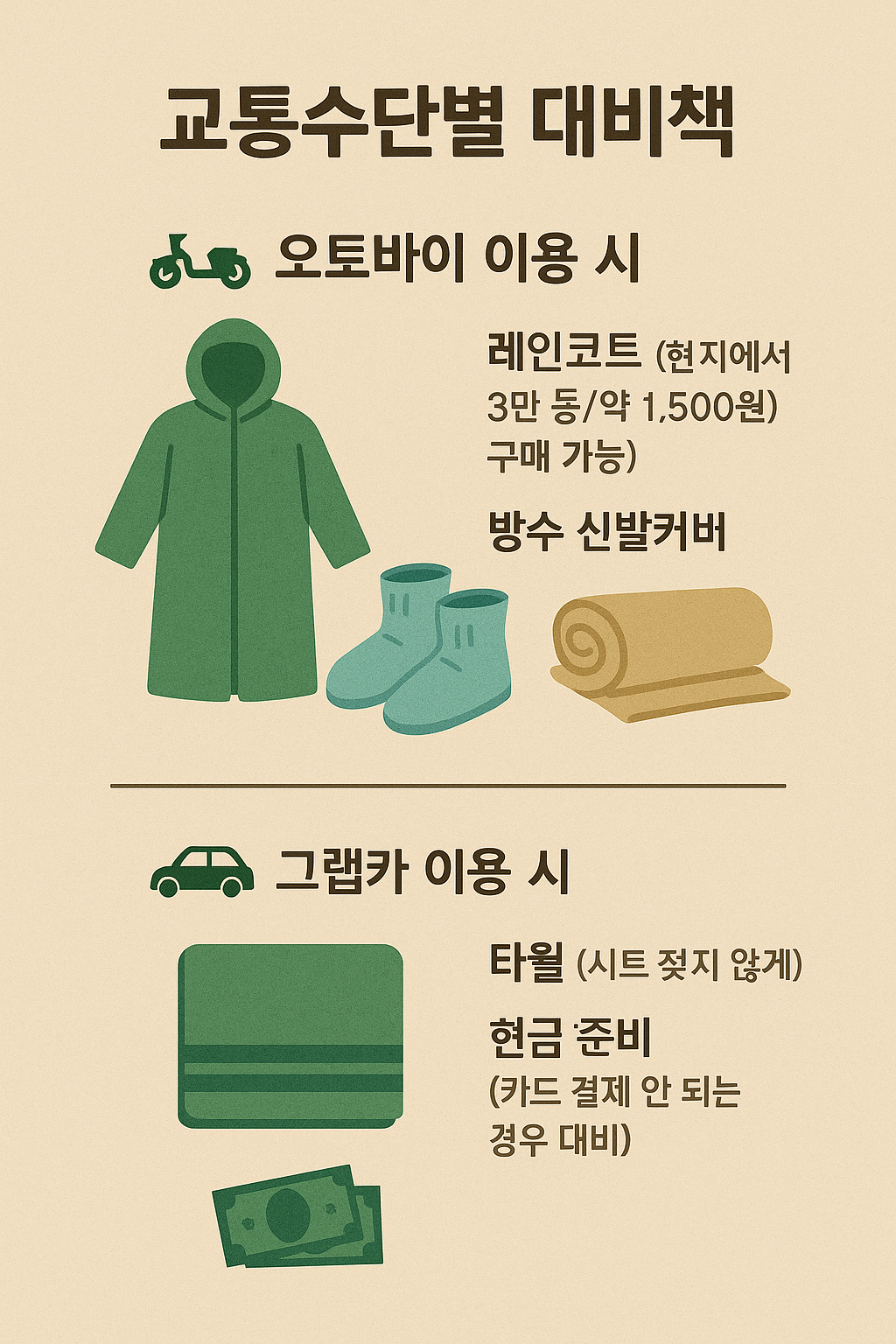 베트남 다낭 우기철 교통수단별 대비책 인포그래픽 - 오토바이 이용시 레인코트, 방수 신발커버, 방수 신발까버 안내 및 그랩카 이용시 타월, 현금 준비 정보