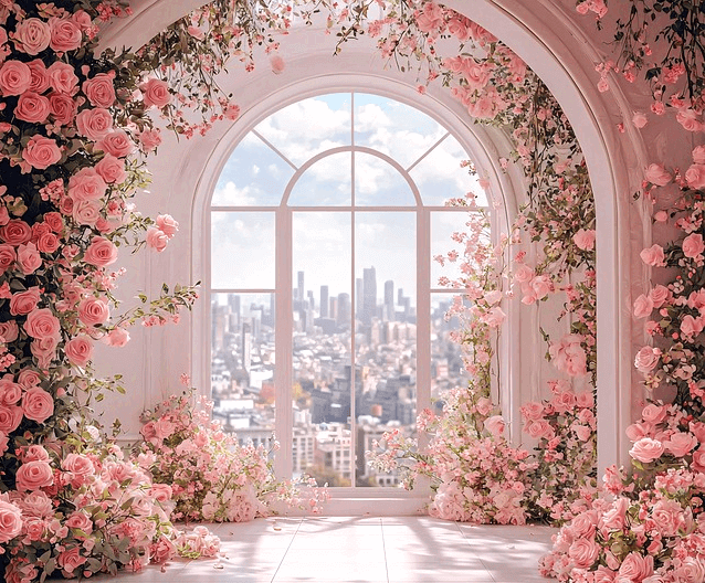 하얀색의 둥그런 유리창이 있고 주변엔 분홍색 자이들이 화려하게 장식됐다.