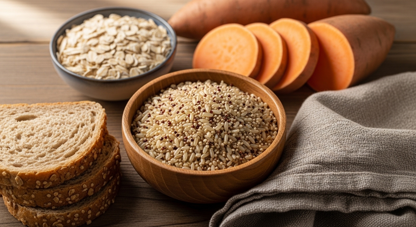 현미, 퀴노아, 고구마, 통밀빵, 귀리 등 다양한 복합 탄수화물 식품들이 식탁 위에 놓여 있는 모습.
