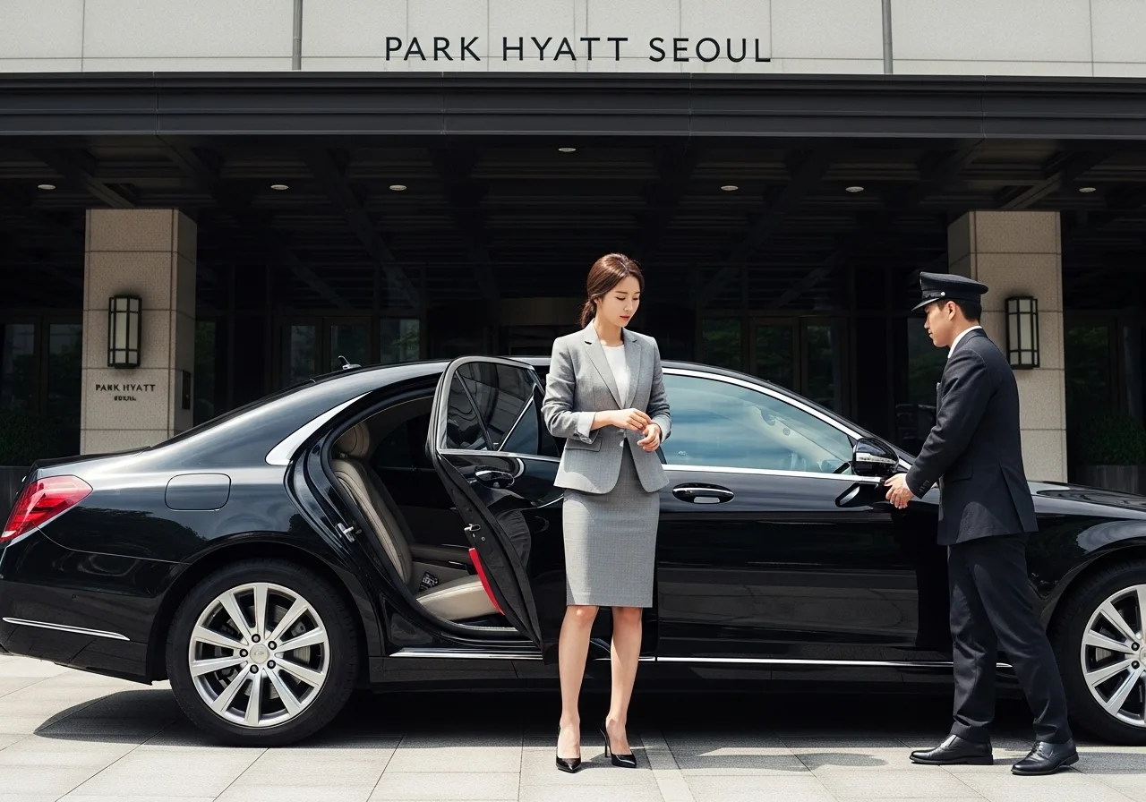 파크 하얏트 서울 앞에서 정장 스커트 차림의 젊은 한국인 여성이 대기 중인 검은색 세단에 탑승하며, 여유롭고 자신감 넘치는 표정을 짓고 있다