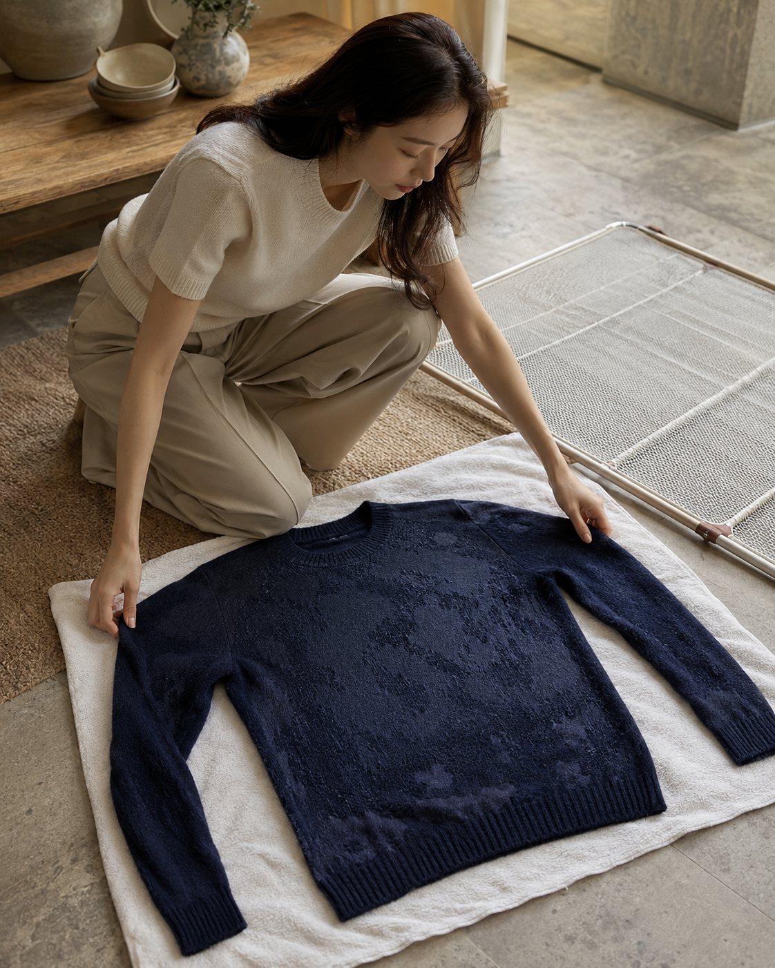 Woolmark는 니트가 젖은 무게 때문에 길게 늘어나거나 어깨가 변형될 수 있으므로, 직사광선을 피해 평평하게 말리도록 권합니다.