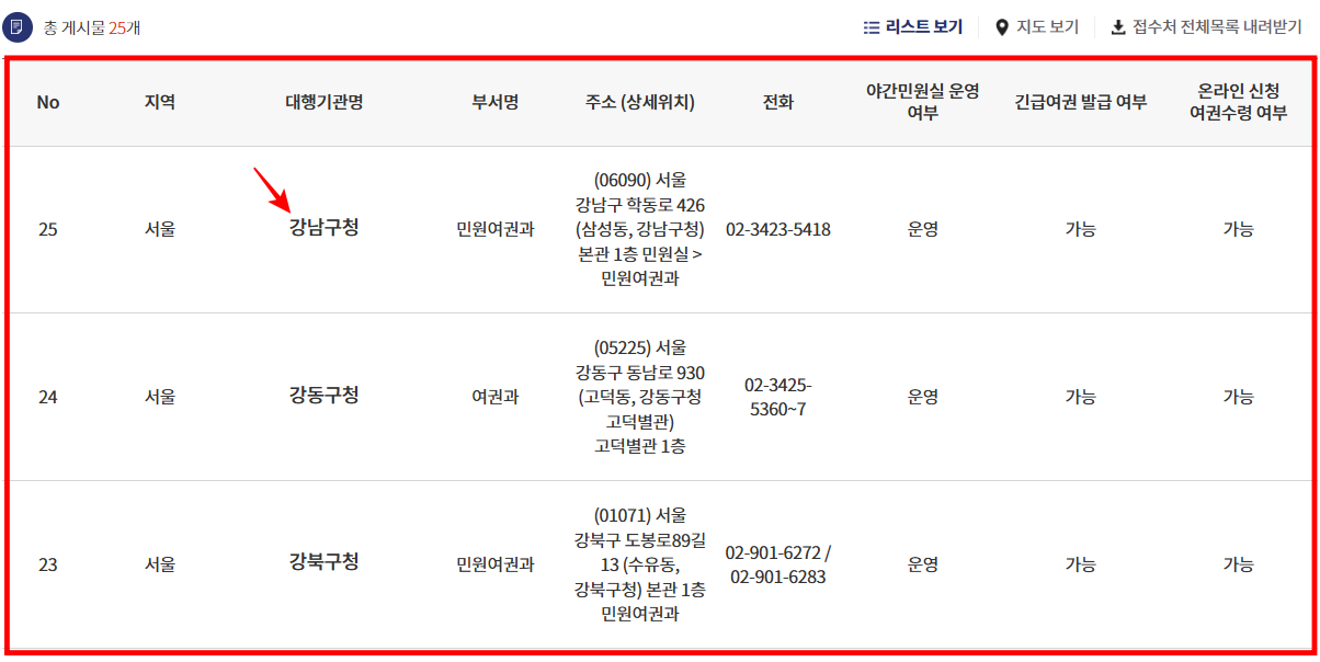 야간 민원실 검색결과 화면