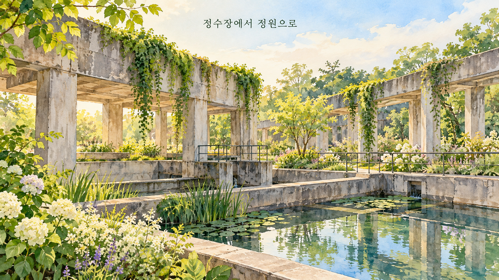 한강이 보이는 공원 산책로를 천천히 걷는 두 사람을 표현한 일러스트