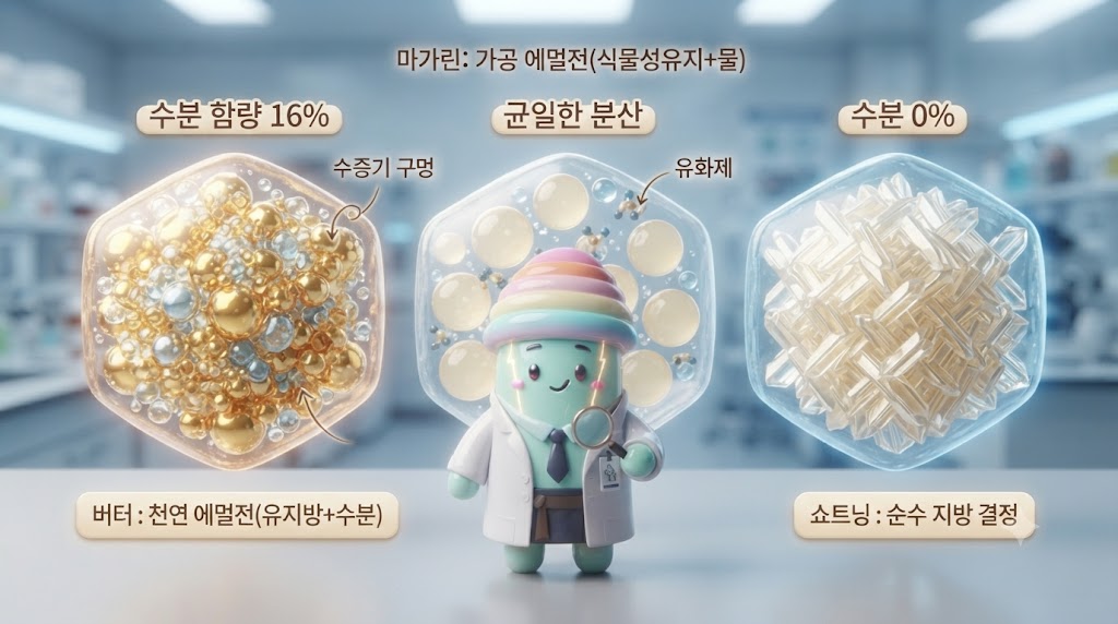 쫀쿠가 '지방의 내부 구조'를 보여주는 거대하고 투명한 단면도 앞에서 세 가지 지방의 차이를 비교하고 있습니다. 버터는 지방구와 수분이 촘촘하게 섞여 있고 수증기 구멍이 뚫려 있어 '층'을 만드는 데 유리합니다. 마가린은 물·기름·유화제가 균일하게 섞인 에멀전 구조입니다. 쇼트닝은 수분 없이 순수한 지방 결정으로만 꽉 차 있어 글루텐을 끊어버리는 '바삭함'을 책임집니다. 쫀쿠가 각각의 구조를 손으로 가리키며 설명합니다.