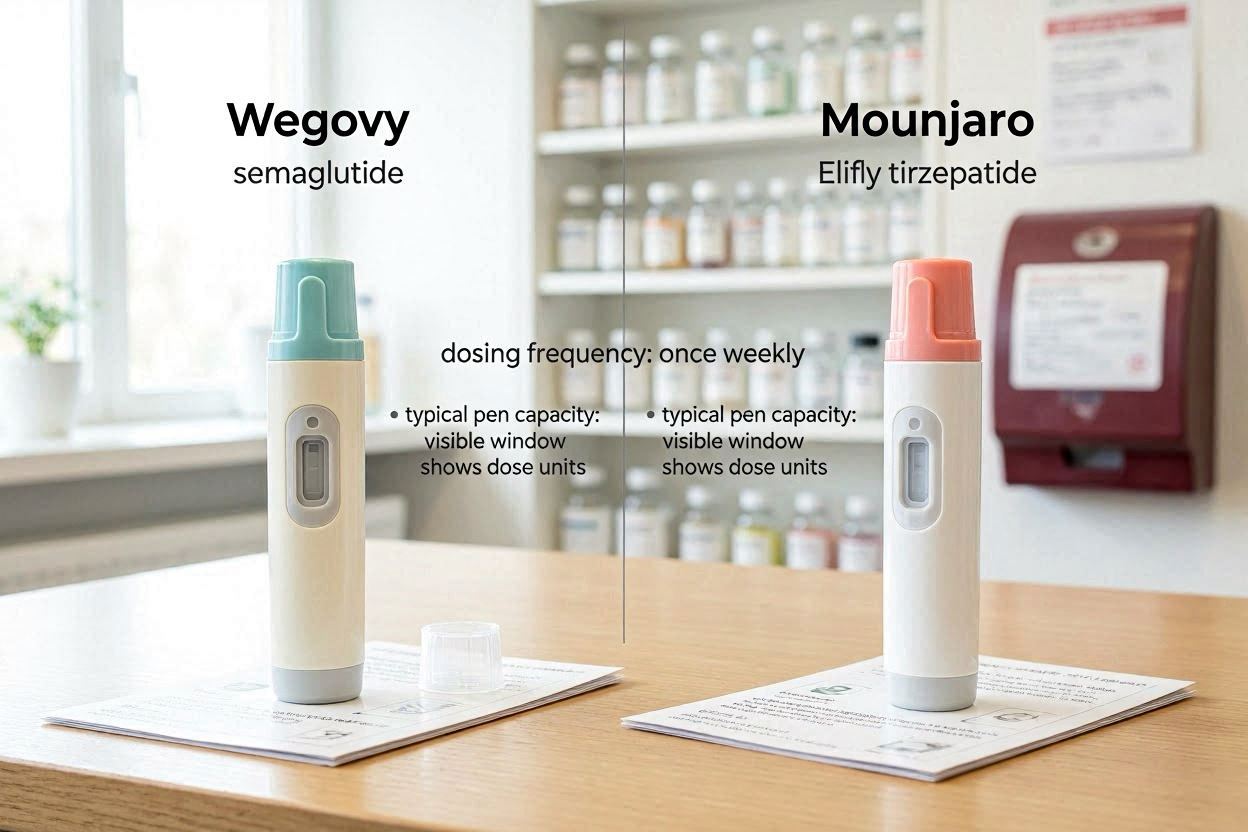 A visual comparison between Novo Nordisk's Wegovy and Eli Lilly's Mounjaro injection pens.