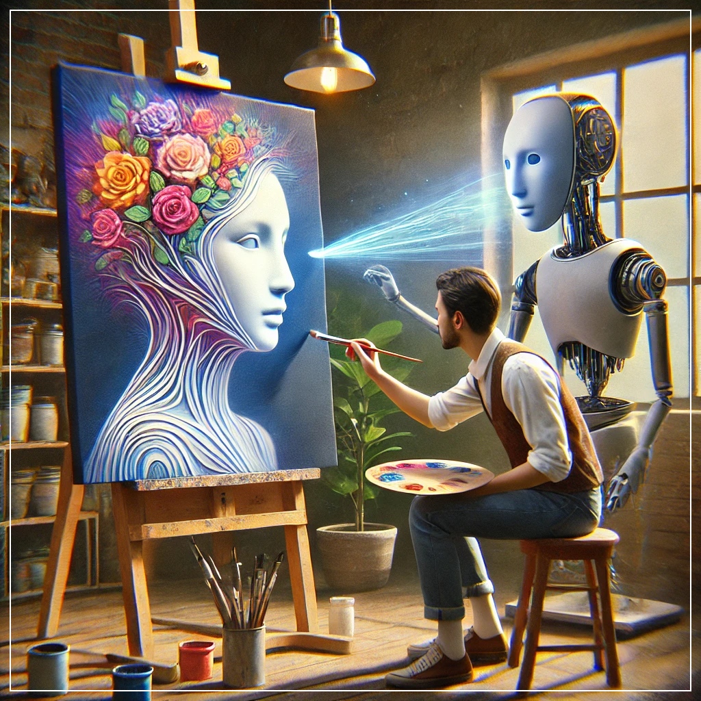 예술가가 그림을 그리고 있는 동안 AI가 비슷한 작품을 자동으로 생성하는 모습