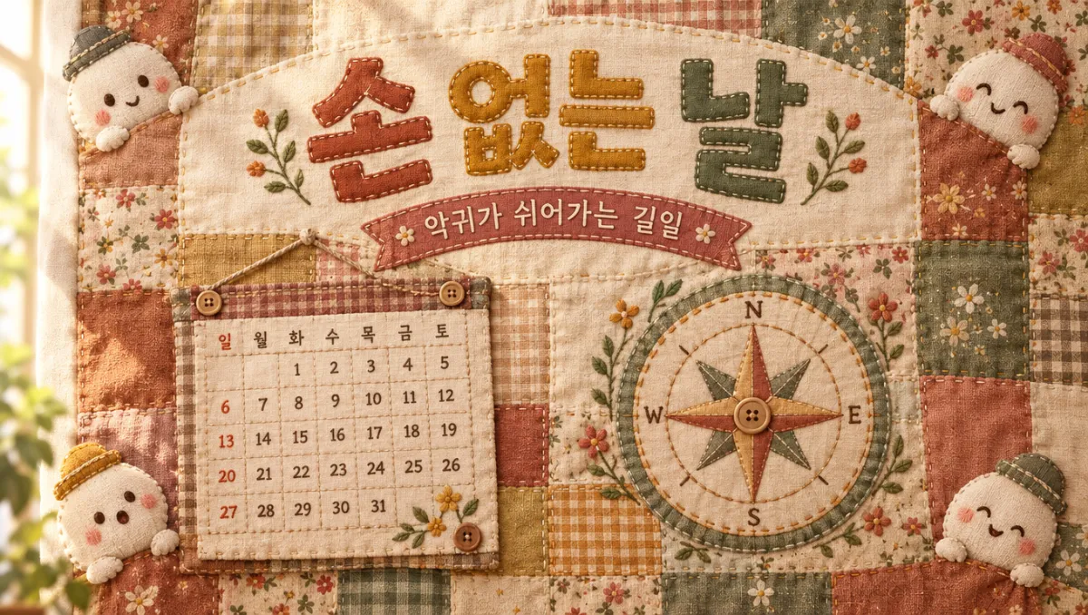 손 없는 날의 뜻과 음력 방위 계산법, 실속 이사 비용 절약 팁을 퀼트 패치워크로 표현한 대표 이미지