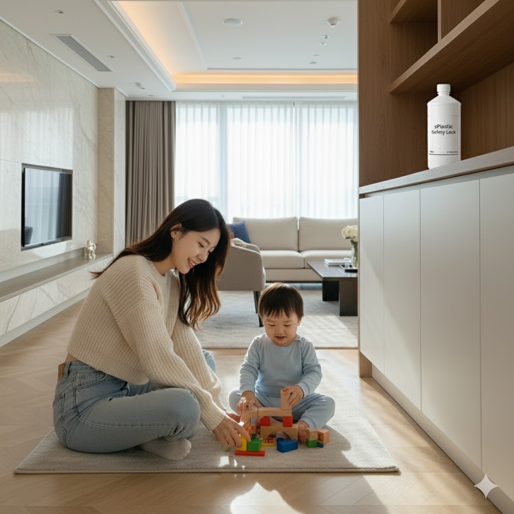 어린이보호포장 sCap이 적용된 s1000 제품이 아이의 손이 닿지 않는 곳에 안전하게 보관된 가정의 모습. sPlastic sCap