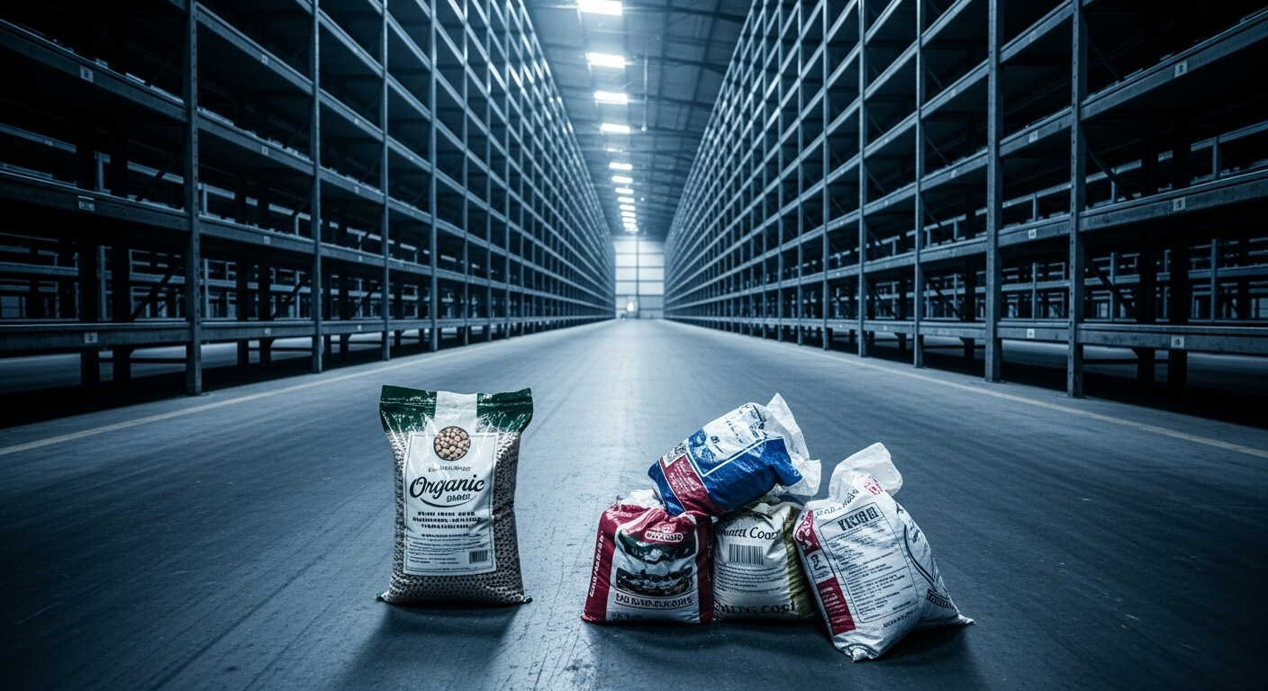 텅텅빈 창고에 몇푸대의 콩 자루