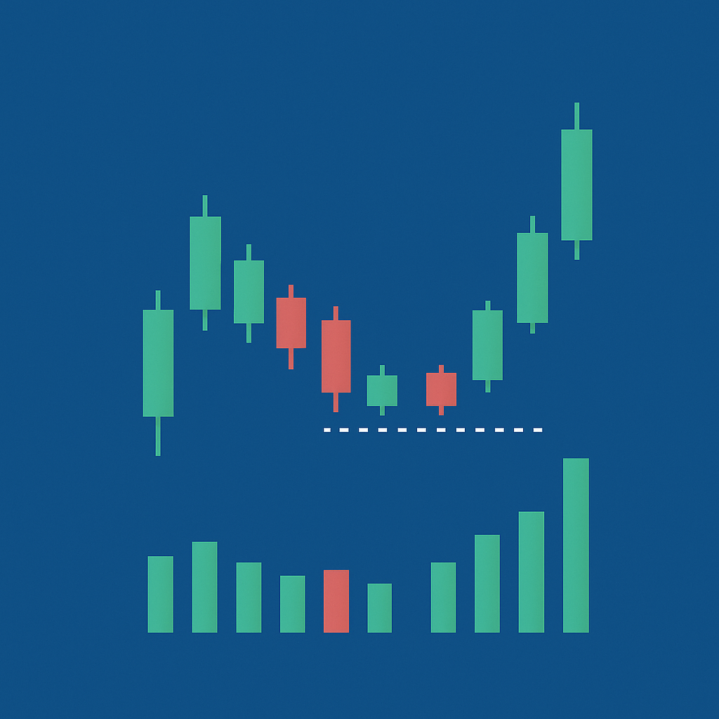 거래량의 중요성을 시각적으로 표현한 이미지. 파란 배경 위에 캔들 차트와 거래량 막대 그래프가 함께 배치되어 있으며, 거래량이 증가할 때 주가가 상승하는 패턴을 직관적으로 보여준다.