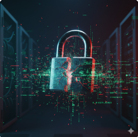 보안 위협을 상징하는 자물쇠와 해킹 코드가 보이는 이미지