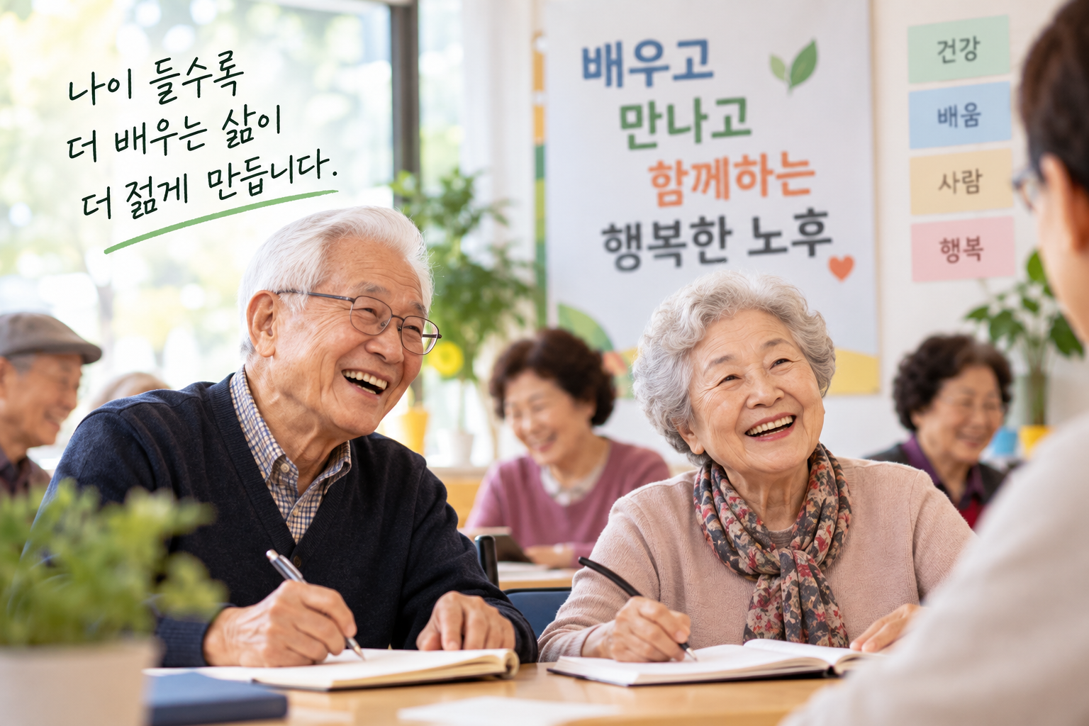 노년기에도 사람들과 함께 어울리며 새로운 것을 배우는 건강한 노후의 모습을 표현한 AI 이미지