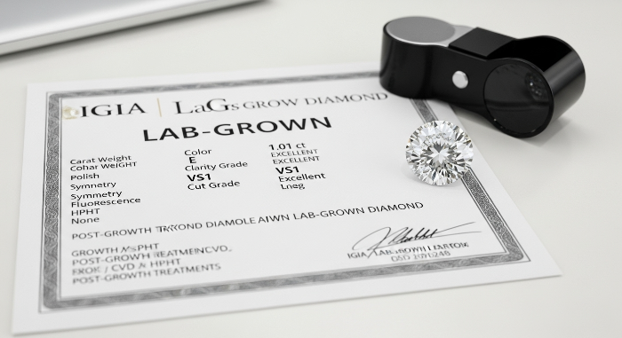 GIA 또는 IGI 감정서가 1캐럿 랩 다이아몬드 옆에 놓여 있는 모습. 감정서에는 다이아몬드의 4C 등급 정보가 선명하게 보입니다.