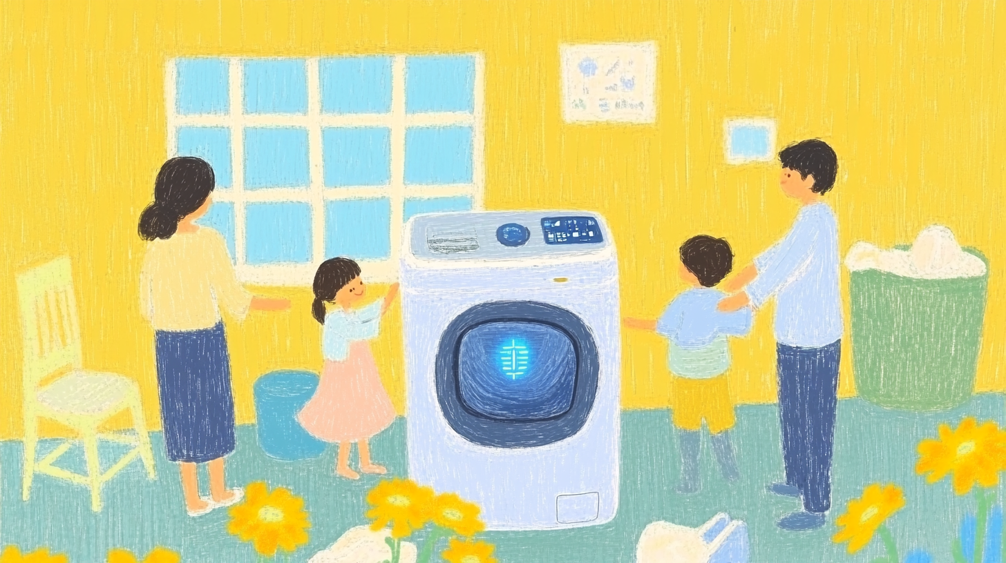 세탁하는 가족과 함께 사용자 친화적이고 직관적인 기능을 보여주는 삼성 AI 세탁기의 일러스트