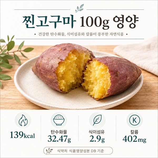 찐고구마 100g의 열량과 탄수화물 식이섬유 칼륨 정보