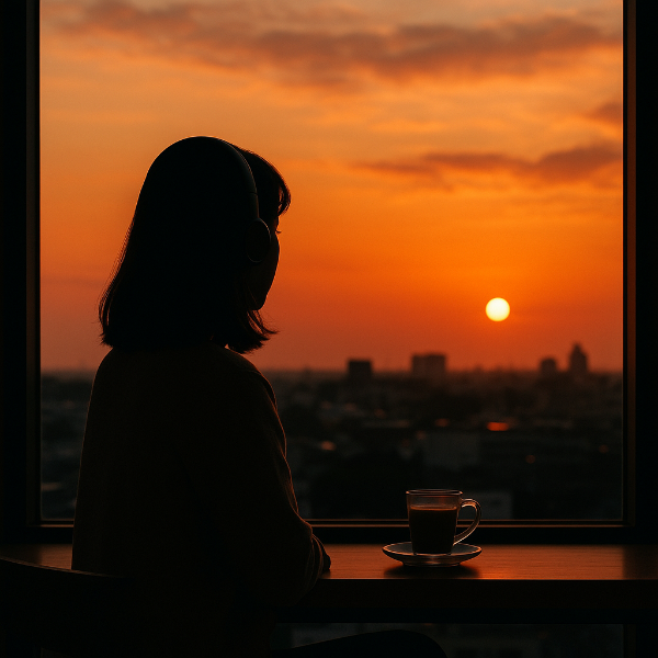 노을 바라보며 지친마음 달래는 여자