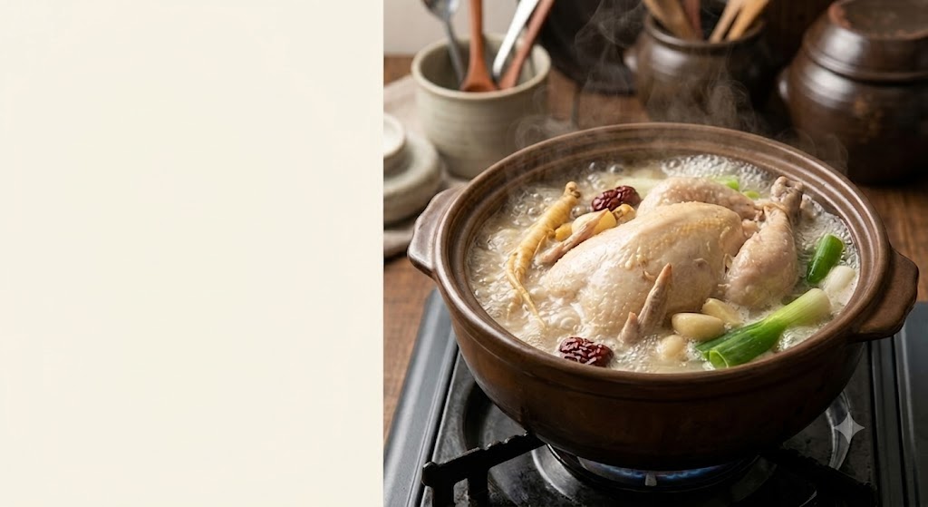 Samgyetang boiling vigorously with steam rising inside a brown earthenware pot placed on a gas stove. Atop the thoroughly simmered chicken, ginseng, jujubes, garlic, and chopped green onions bubble along with the broth. On the left side, a clean beige negative space is provided for blog text or design elements.