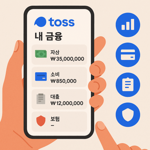 토스 앱을 통해 자산, 소비, 대출, 보험 정보를 통합 확인하는 스마트폰 화면을 들고 있는 손의 일러스트