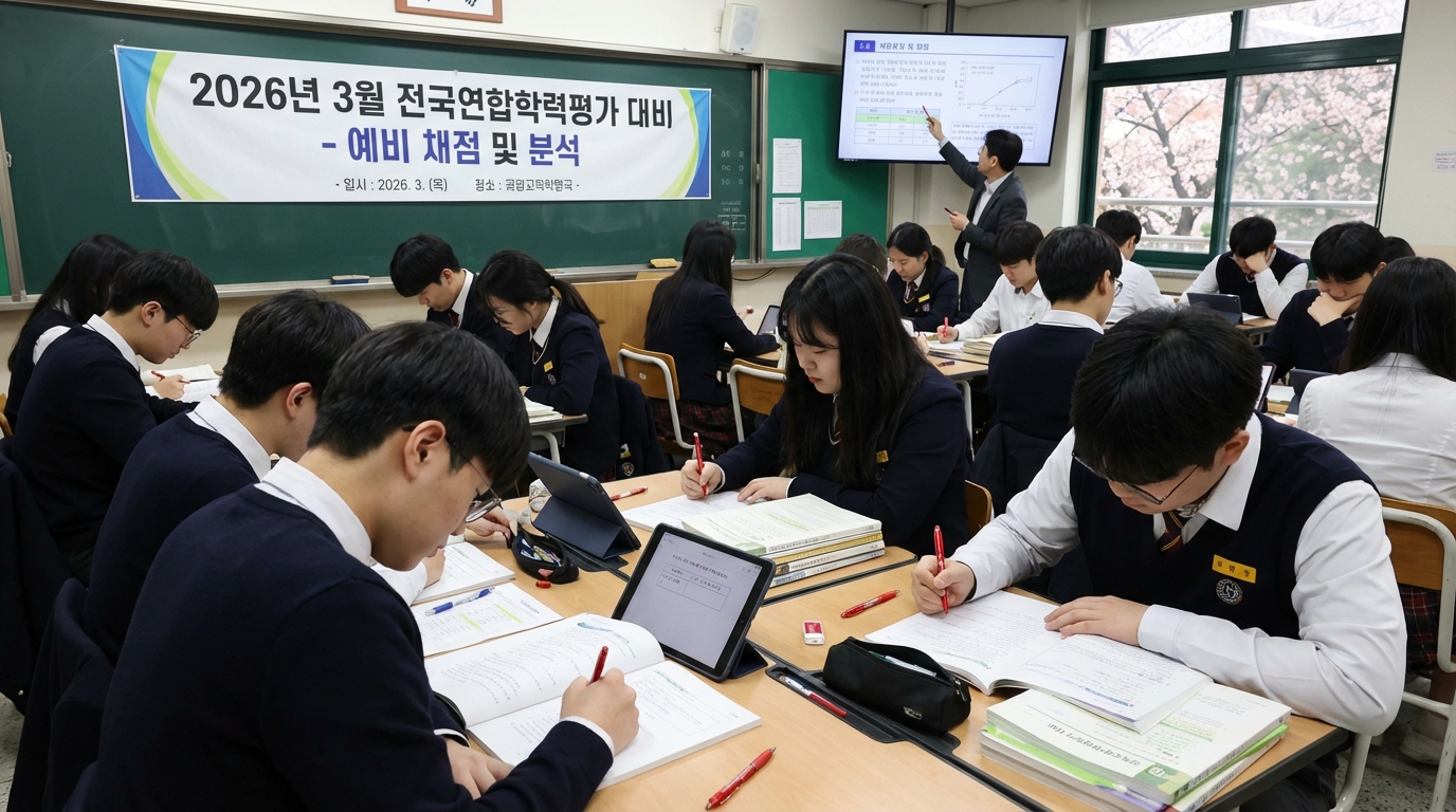 2026학년도 3월 고등학생 전국연합학력평가 시험지와 가채점을 준비하는 모습