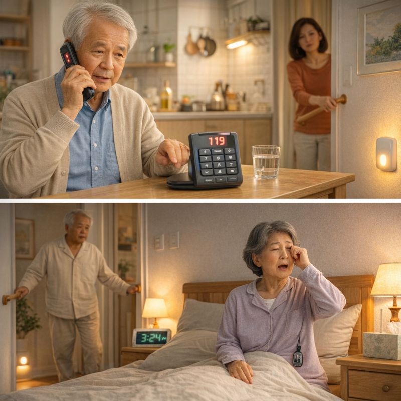 치매 환자가 응급 전화를 사용하고 보호자가 곁에서 지켜보는 모습
