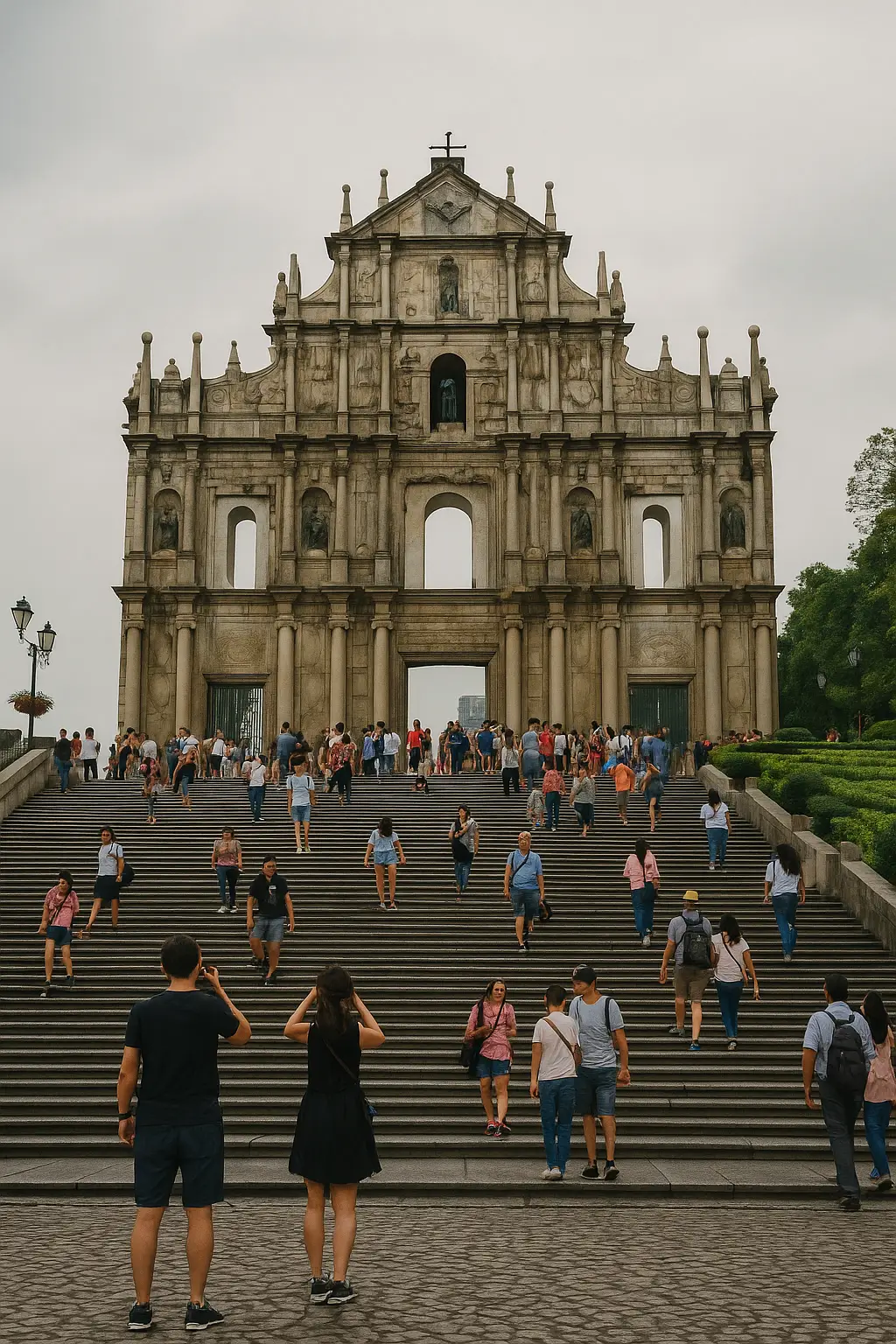 마카오 성바울 성당 유적 – 계단 위로 펼쳐진 석조 파사드와 관광객들