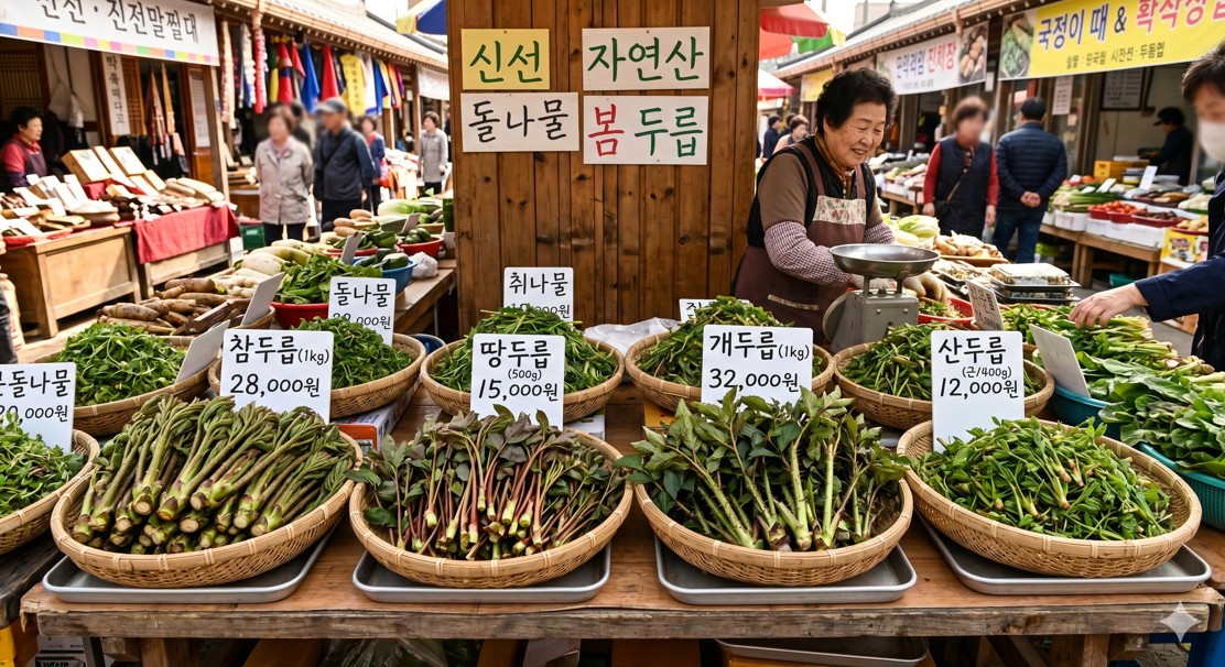 전통 시장 매대에 가격표와 함께 진열된 다양한 종류의 봄 두릅들.