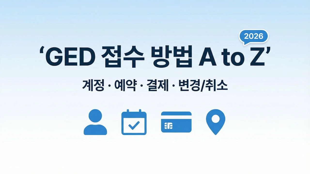 GED 접수 방법을 계정 생성부터 시험 예약&middot;결제, 일정 변경/취소까지 단계별로 안내하는 대표 이미지