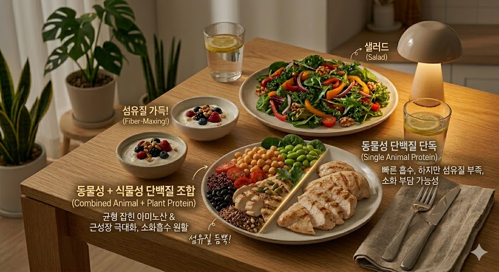 단백질 단독 vs 조합 (근육증가, 소화흡수, 식이섬유효과)