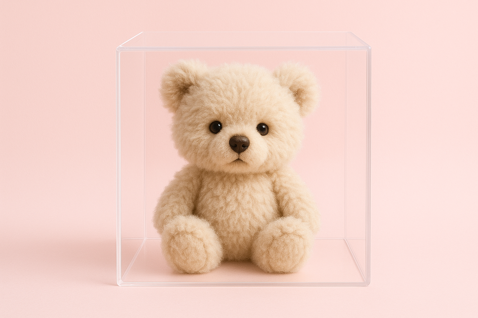 유리 상자속에 귀여운 곰돌이가 있는 이미지