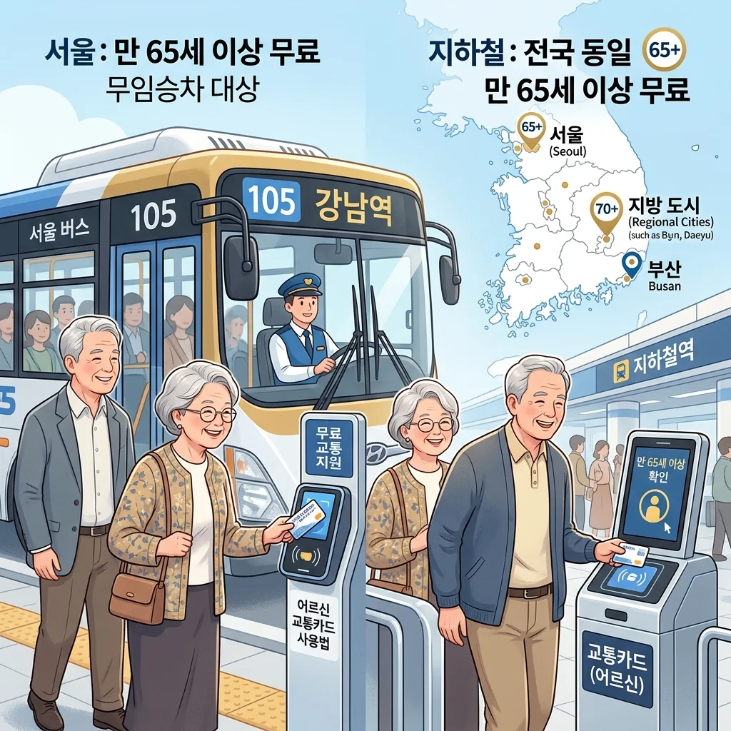 2026년 지역별로 상이한 어르신 대중교통 무임승차 연령 기준과 혜택을 설명하는 인포그래픽 이미지