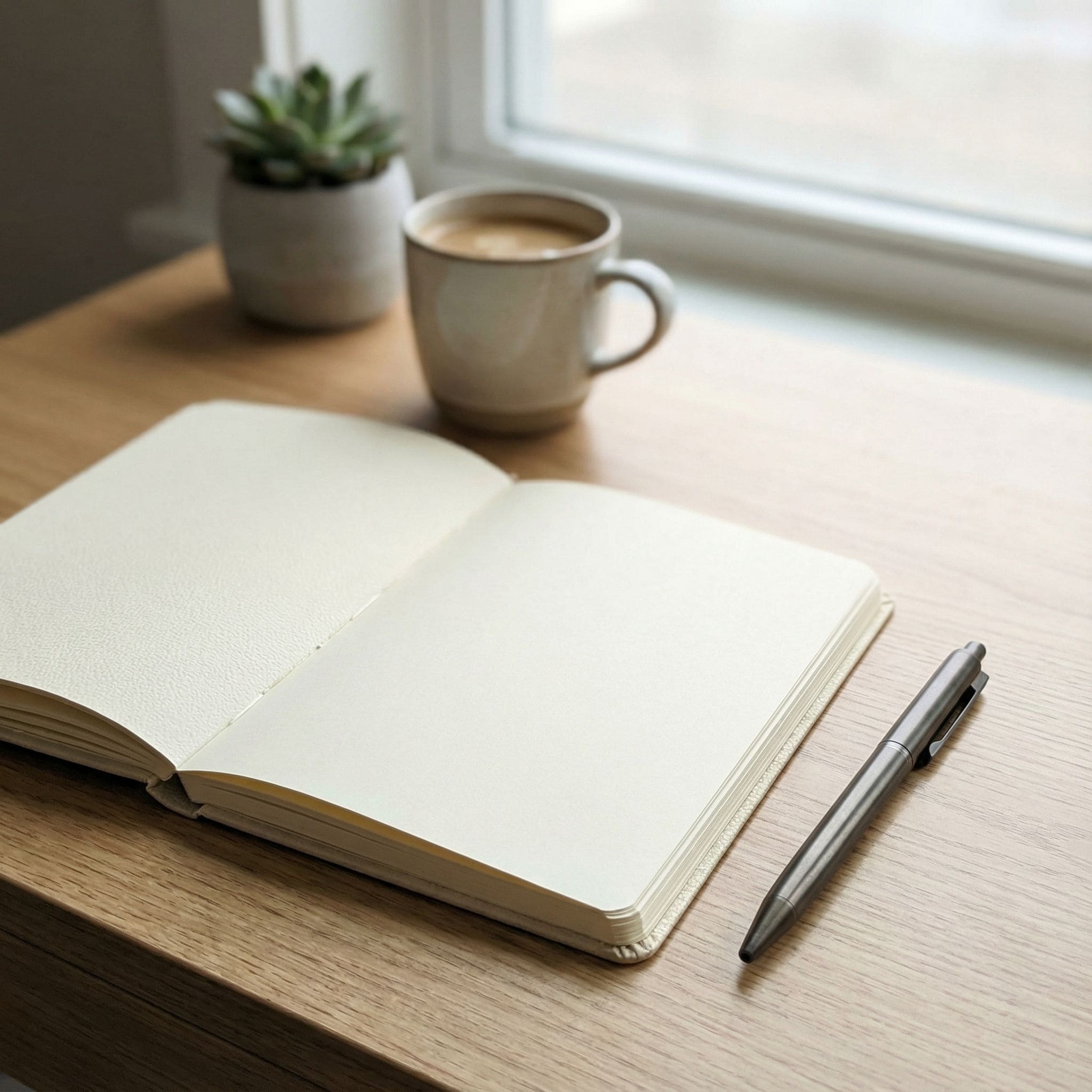 아침에 집중을 준비하는 책상 위의 열린 노트와 펜이 놓인 장면