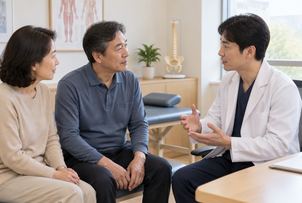 장애정도 심사용 진단서를 위해 재활의학과 진료를 받는 부부