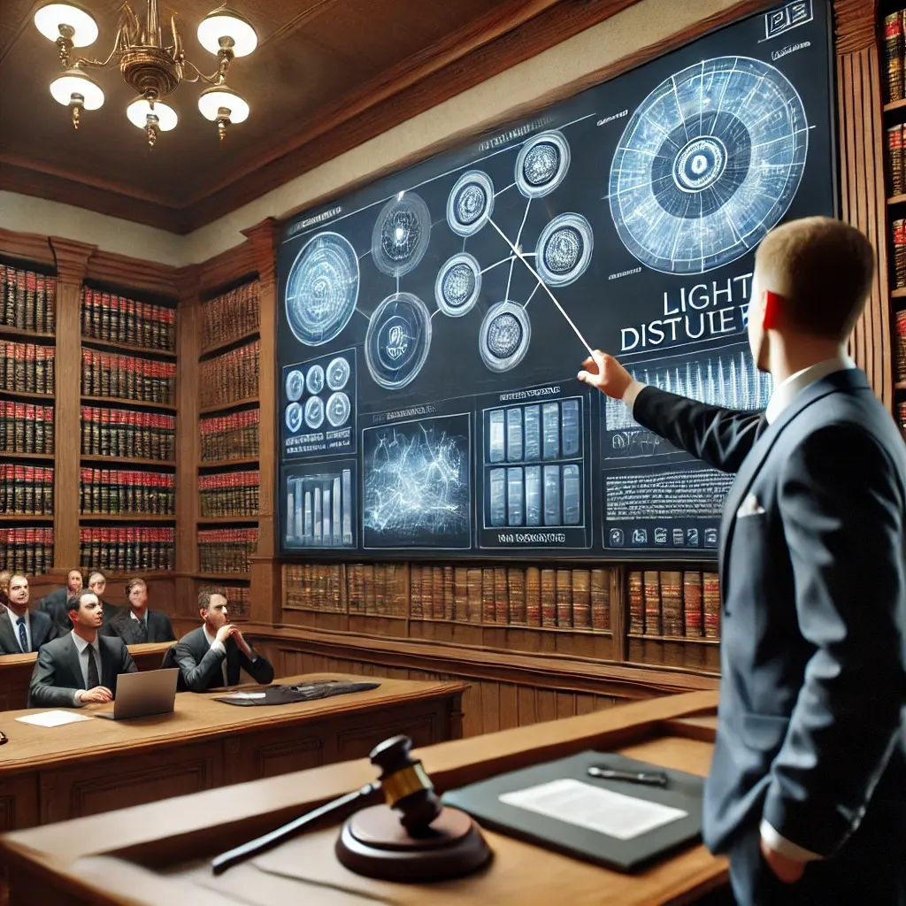 차트를 이용해 사건을 설명하며 청중의 주의를 끄는 변호사. 