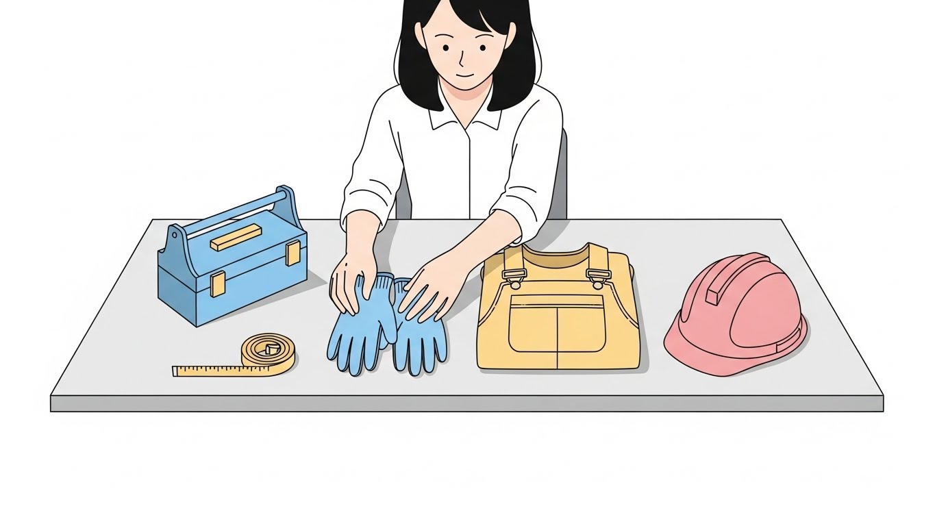 책상 위에 작업 장갑과 운동화를 준비해 둔 모습, 근무 전 준비물이 실제 근무 만족도를 좌우해야 합니다.