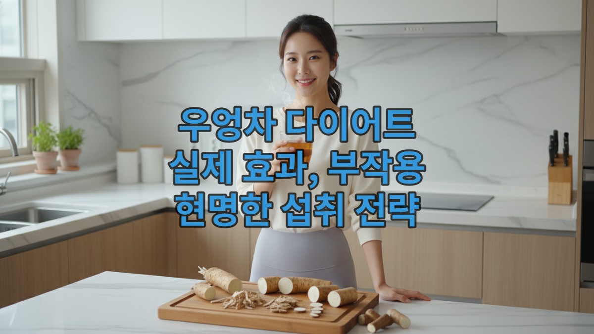 건강한 미소를 띠고 우엉차를 마시는 젊은 한국 여성, 배경에는 우엉 뿌리와 건조된 우엉이 있어 건강한 다이어트와 연관성을 보여줍니다.