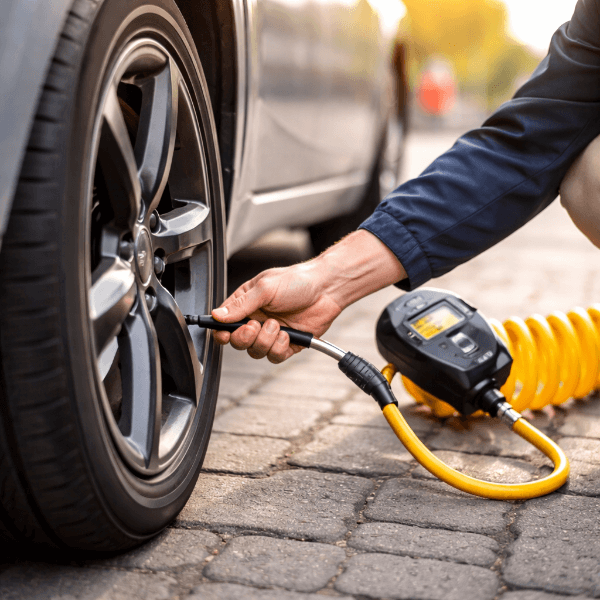 타이어 공기압 경고등이 켜진 상태에서 공기압을 점검하는 모습