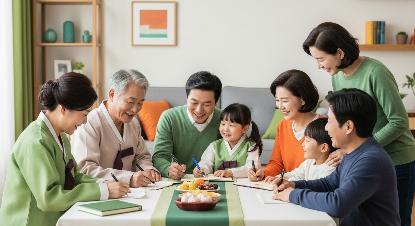 여러 세대의 가족 구성원들이 모여 앉아 웃으며 종이에 설 제사상 아이디어를 함께 적고 논의하는 화목한 모습.