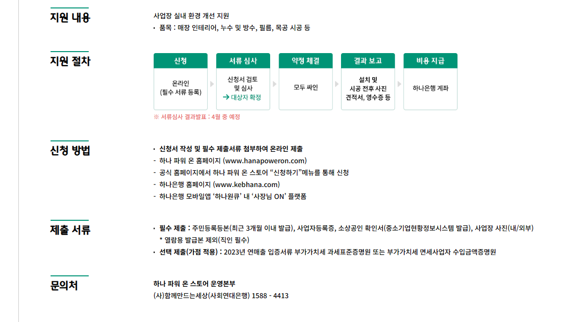 하나은행 소상공인 실내보수 지원