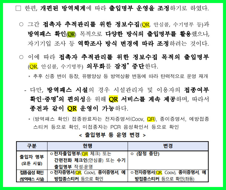 동선추적_출입자_명부_중단_방역패스 조정안