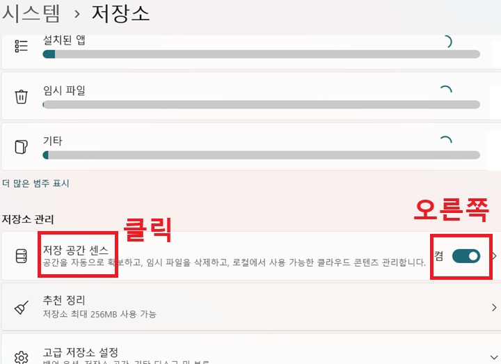 저장소 페이지에 저장공간센스 메뉴 보임