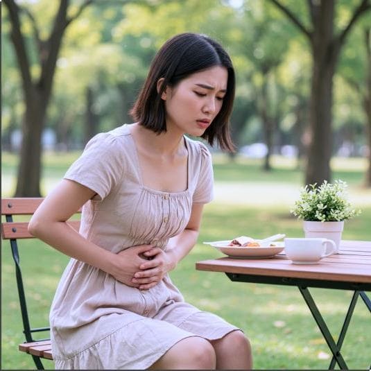 사군자탕 효능 소화기 건강, 식사중에 배아픈 여성 사진