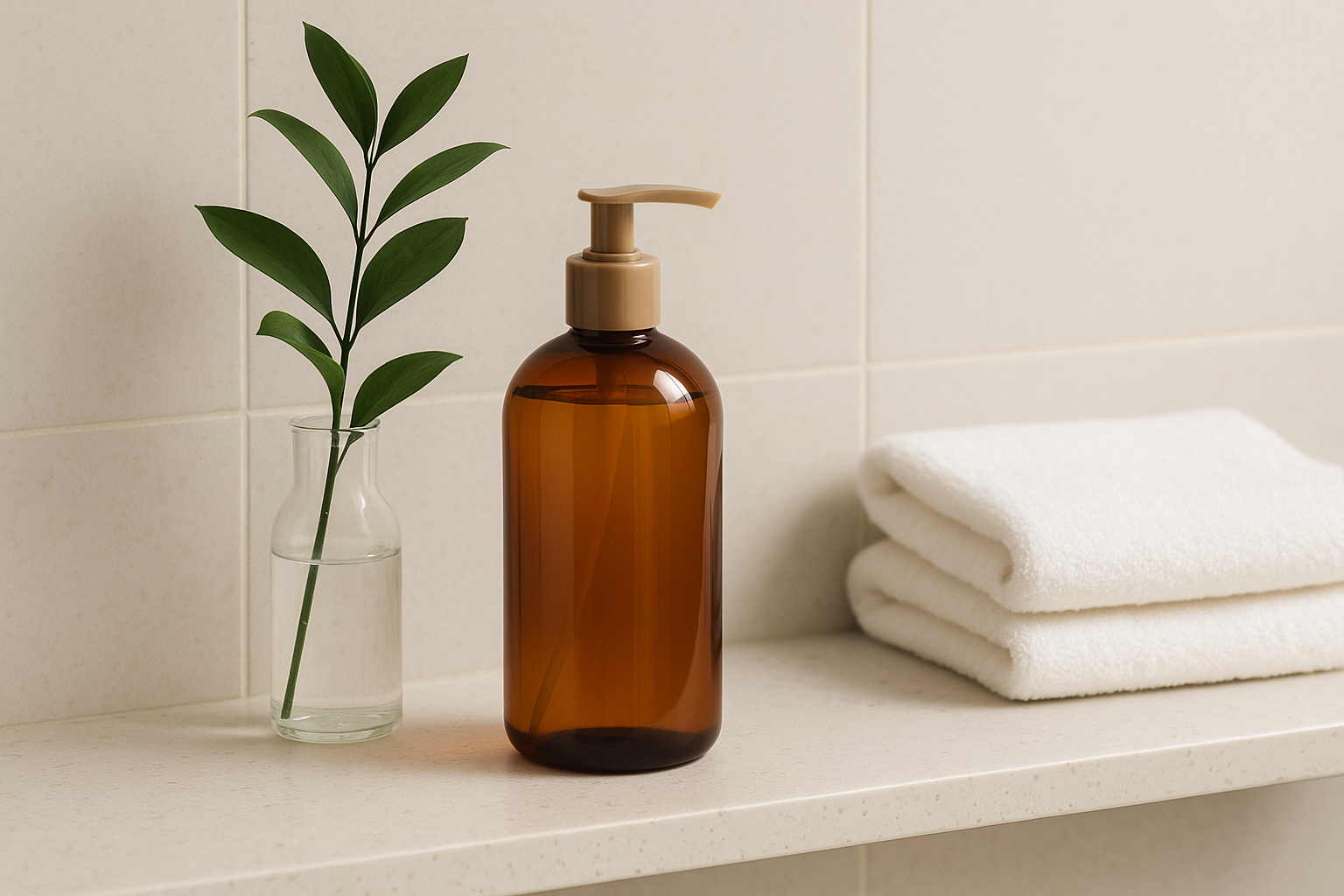 자연 유래 성분 샴푸가 놓인 욕실 인테리어