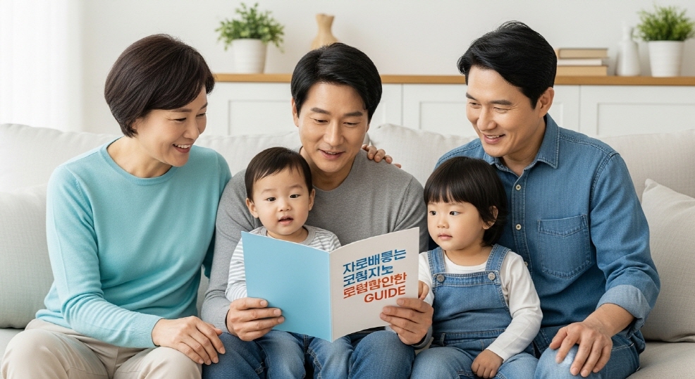 가족과 함께 거실에서 혜택 안내서를 읽는 장면