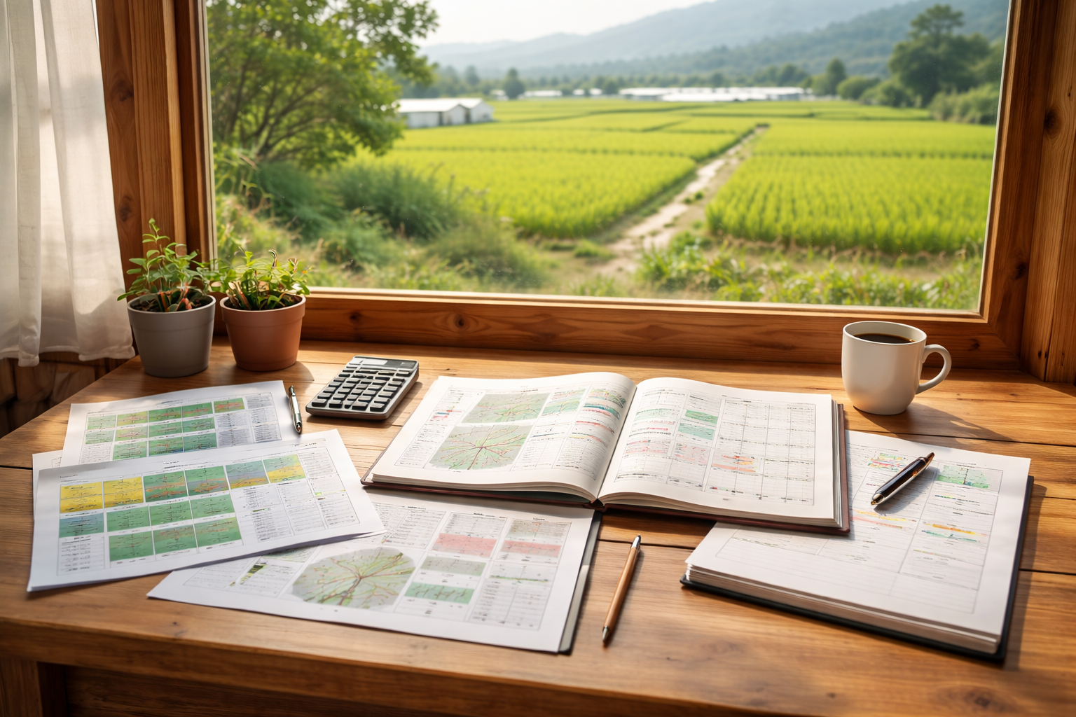 귀농 준비 행정 절차와 농지 계획을 검토하는 농촌 창가 책상과 농업 계획 문서