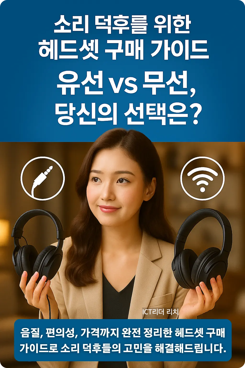 유선과 무선 헤드셋을 비교하며 고민하는 20대 여성의 프리미엄 인포그래픽